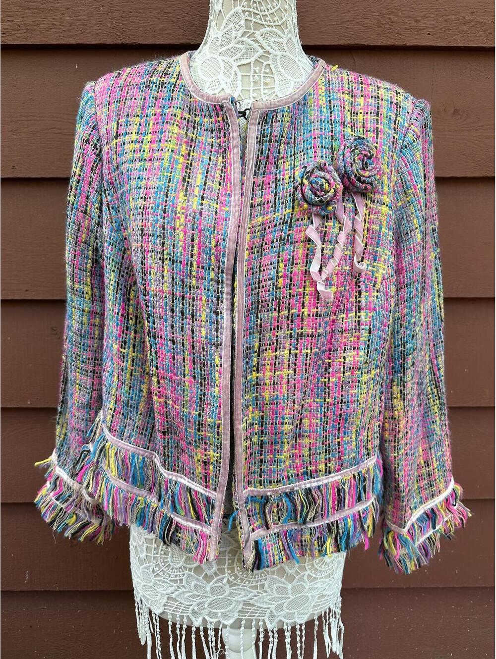Carol Little Vintage Multicolor Tweed Fringe Jacket